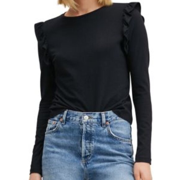 Mango Ruffle Trim Top Black - S - Picture 1 of 10